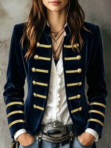 SHEIN Autumn Fashion Vintage Double-Breasted Jacket - Navy Blue - View 1