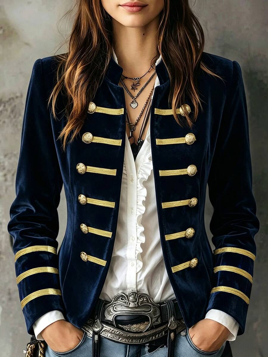 SHEIN Autumn Fashion Vintage Double-Breasted Jacket - Navy Blue - View 1