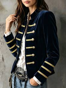 SHEIN Autumn Fashion Vintage Double-Breasted Jacket - Navy Blue - View 5