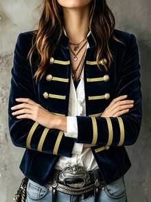 SHEIN Autumn Fashion Vintage Double-Breasted Jacket - Navy Blue - View 4