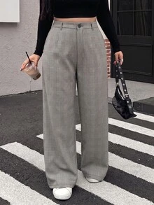 Muchica Plus Size Women Plaid Button High Waist Loose Fit Suit Pants - Multicolor - View 1