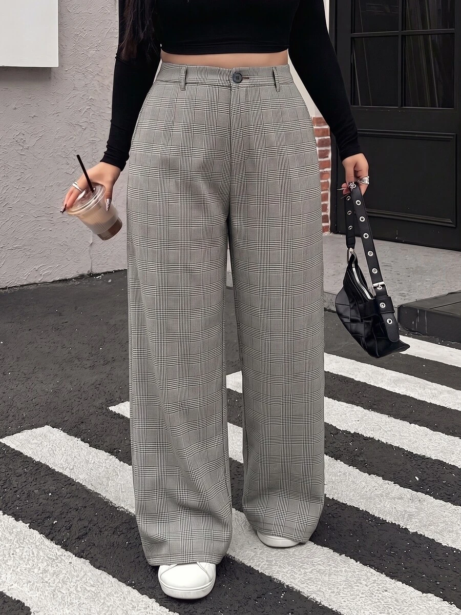 Muchica Plus Size Women Plaid Button High Waist Loose Fit Suit Pants - Multicolor - View 1