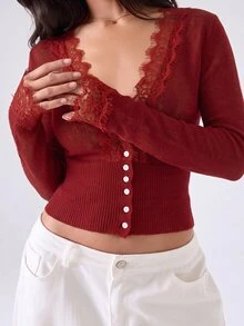 LYSMO Burgundy Plus Size Women Autumn/Winter Beige Long Sleeve Lace Patchwork Cardigan - Burgundy - View 5