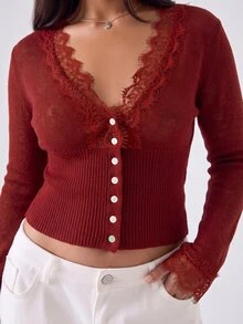 LYSMO Burgundy Plus Size Women Autumn/Winter Beige Long Sleeve Lace Patchwork Cardigan - Burgundy - View 6