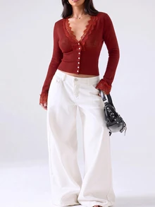 LYSMO Burgundy Plus Size Women Autumn/Winter Beige Long Sleeve Lace Patchwork Cardigan - Burgundy - View 4