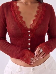 LYSMO Burgundy Plus Size Women Autumn/Winter Beige Long Sleeve Lace Patchwork Cardigan - Burgundy - View 3