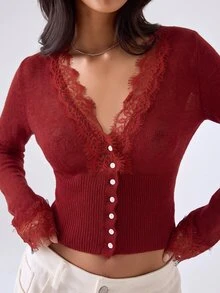 LYSMO Burgundy Plus Size Women Autumn/Winter Beige Long Sleeve Lace Patchwork Cardigan - Burgundy - View 1