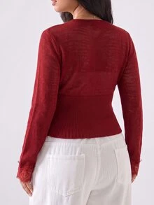 LYSMO Burgundy Plus Size Women Autumn/Winter Beige Long Sleeve Lace Patchwork Cardigan - Burgundy - View 2