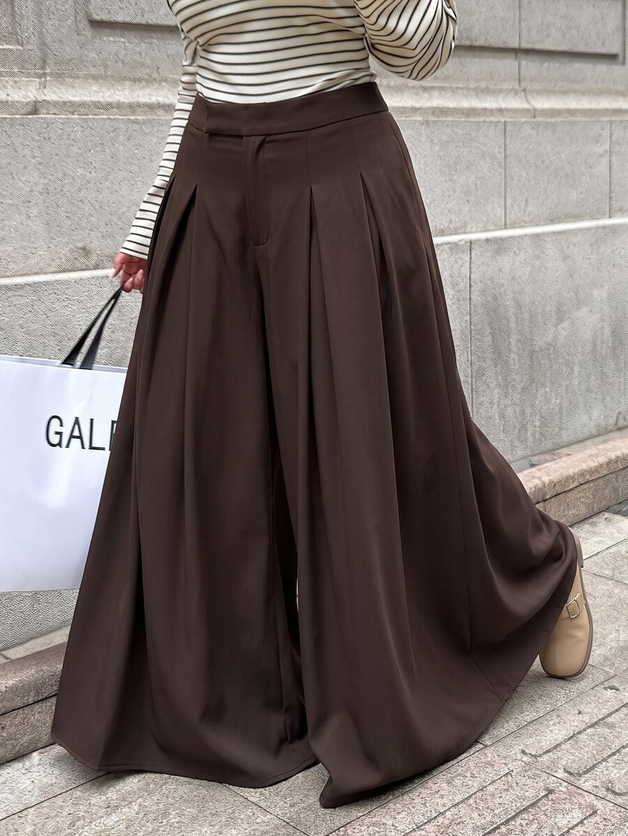 SHEIN EZwear 春夏純色百褶休閒優雅大尺碼寬腿褲，適合秋季辦公室穿著 - 巧克力棕 - 查看 1