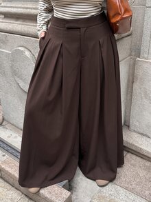 SHEIN EZwear 春夏純色百褶休閒優雅大尺碼寬腿褲，適合秋季辦公室穿著 - 巧克力棕 - 查看 5