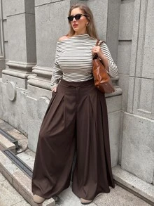 SHEIN EZwear 春夏純色百褶休閒優雅大尺碼寬腿褲，適合秋季辦公室穿著 - 巧克力棕 - 查看 4