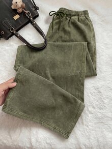 Comfortcana Plus Size All-Season Vintage Washed Drawstring Black Casual Sweatpants - Army Green - View 1