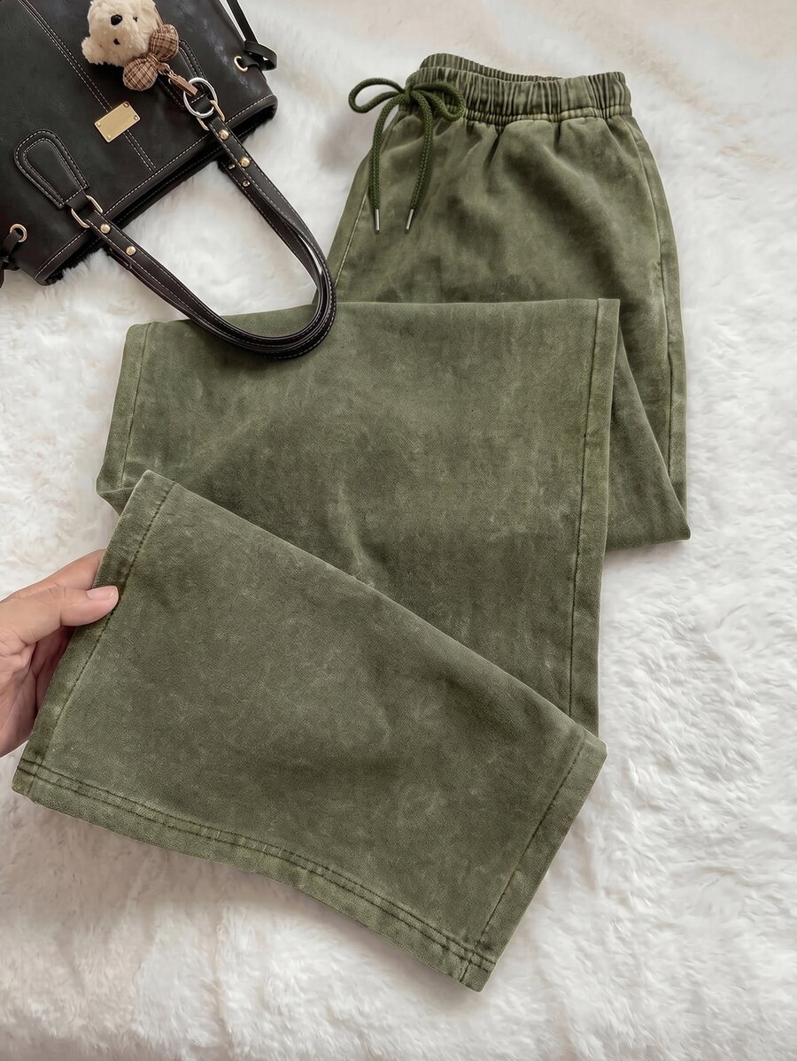 Comfortcana Plus Size All-Season Vintage Washed Drawstring Black Casual Sweatpants - Army Green - View 1