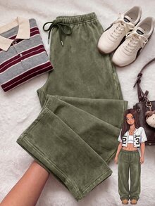 Comfortcana Plus Size All-Season Vintage Washed Drawstring Black Casual Sweatpants - Army Green - View 2