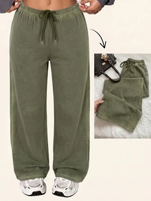 Comfortcana Plus Size All-Season Vintage Washed Drawstring Black Casual Sweatpants - Army Green - View 7