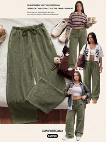 Comfortcana Plus Size All-Season Vintage Washed Drawstring Black Casual Sweatpants - Army Green - View 4