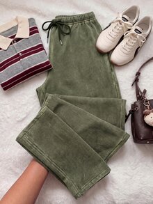 Comfortcana Plus Size All-Season Vintage Washed Drawstring Black Casual Sweatpants - Army Green - View 5