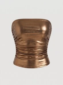 SHEIN EZwear 巧克力棕色高彈性PU材質抓皺腰部抹胸上衣 大尺碼女款襯衫 - 巧克力棕 - 查看 1