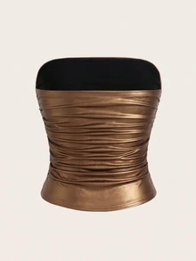 SHEIN EZwear 巧克力棕色高彈性PU材質抓皺腰部抹胸上衣 大尺碼女款襯衫 - 巧克力棕 - 查看 2