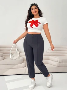 SHEIN EZwear Dark Grey Women's Plus Size Knitted 9/10 Length Slim Leg Pants Fall - Dark Grey - View 5