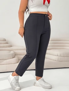 SHEIN EZwear Dark Grey Women's Plus Size Knitted 9/10 Length Slim Leg Pants Fall - Dark Grey - View 3
