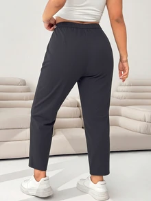 SHEIN EZwear Dark Grey Women's Plus Size Knitted 9/10 Length Slim Leg Pants Fall - Dark Grey - View 2