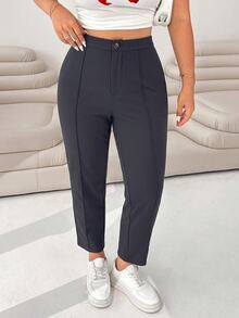 SHEIN EZwear Dark Grey Women's Plus Size Knitted 9/10 Length Slim Leg Pants Fall - Dark Grey - View 4