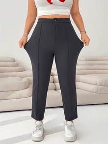 SHEIN EZwear Dark Grey Women's Plus Size Knitted 9/10 Length Slim Leg Pants Fall - Dark Grey - View 1