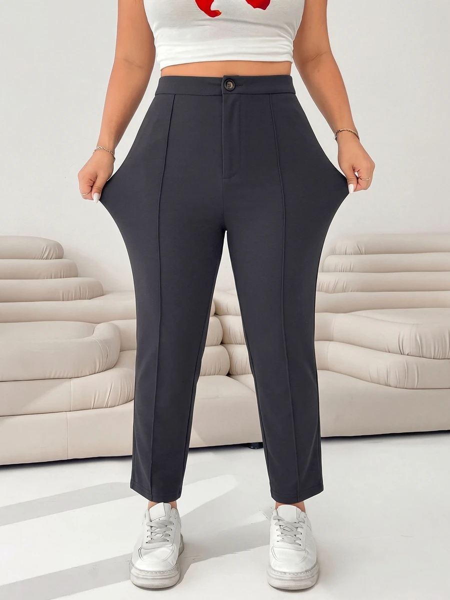 SHEIN EZwear Dark Grey Women's Plus Size Knitted 9/10 Length Slim Leg Pants Fall - Dark Grey - View 1