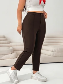 SHEIN EZwear Chocolate Brown Plus Size Knit Cropped Leggings Fall - Chocolate Brown - View 3