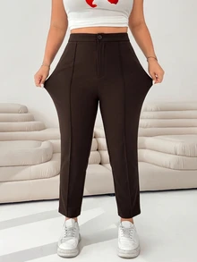 SHEIN EZwear Chocolate Brown Plus Size Knit Cropped Leggings Fall - Chocolate Brown - View 1