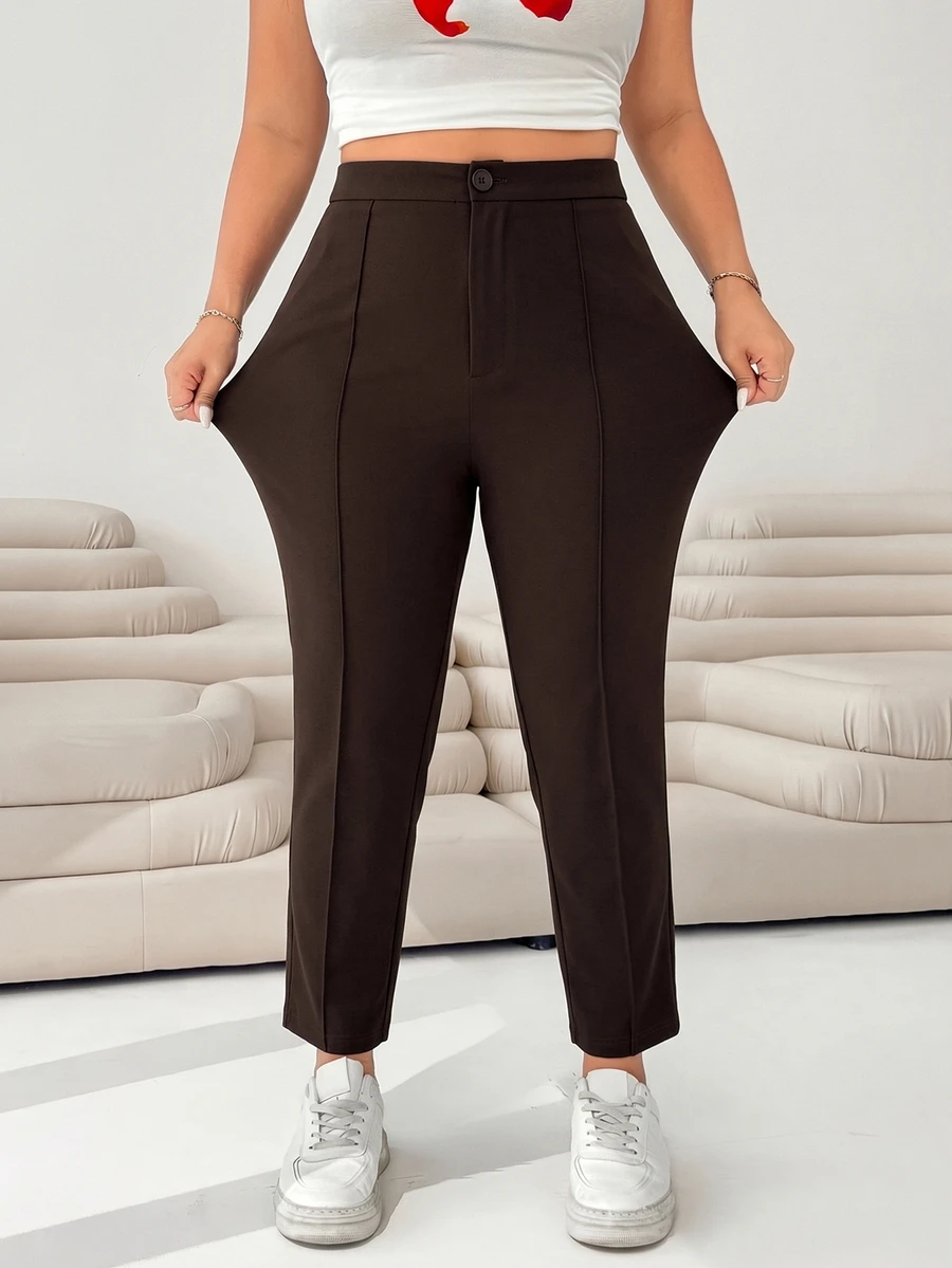 SHEIN EZwear Chocolate Brown Plus Size Knit Cropped Leggings Fall - Chocolate Brown - View 1