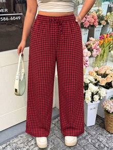 GalTyme Celana Panjang Longgar Motif Kotak-kotak Ukuran Besar dengan Pinggang Elastis untuk Hari Valentine, Musim Gugur - MultiWarna - View 4