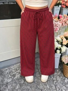 GalTyme Celana Panjang Longgar Motif Kotak-kotak Ukuran Besar dengan Pinggang Elastis untuk Hari Valentine, Musim Gugur - MultiWarna - View 5