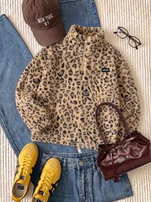 Comfortcana Khaki Leopard Print Plus Size Autumn/Winter Lambswool Sweatshirt - Khaki - View 7