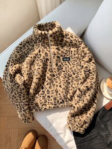 Comfortcana Khaki Leopard Print Plus Size Autumn/Winter Lambswool Sweatshirt - Khaki - View 1