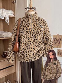 Comfortcana Khaki Leopard Print Plus Size Autumn/Winter Lambswool Sweatshirt - Khaki - View 3