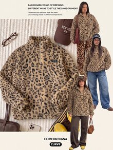 Comfortcana Khaki Leopard Print Plus Size Autumn/Winter Lambswool Sweatshirt - Khaki - View 10