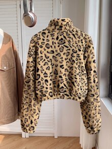 Comfortcana Khaki Leopard Print Plus Size Autumn/Winter Lambswool Sweatshirt - Khaki - View 2