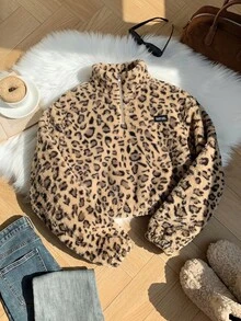 Comfortcana Khaki Leopard Print Plus Size Autumn/Winter Lambswool Sweatshirt - Khaki - View 8