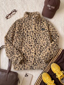 Comfortcana Khaki Leopard Print Plus Size Autumn/Winter Lambswool Sweatshirt - Khaki - View 9