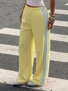Muchica Plus Size Women's Colorblock Striped Elastic Waist Loose Sweatpants - Pale Yellow - View 5