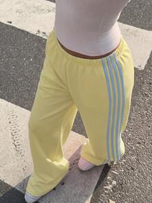 Muchica Plus Size Women's Colorblock Striped Elastic Waist Loose Sweatpants - Pale Yellow - View 4