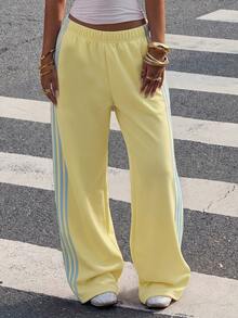Muchica Plus Size Women's Colorblock Striped Elastic Waist Loose Sweatpants - Pale Yellow - View 3