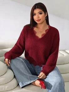 Solflare 大尺碼優雅街頭風蕾絲拼接套頭毛衣 冬季款 - 酒紅色 - 查看 3