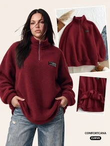 Women's Plus Size Stand Collar Zip-Up Solid Color Autumn/Winter Fashion Fleece Sweatshirt - Burgundy - View 7