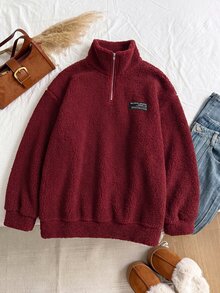 Women's Plus Size Stand Collar Zip-Up Solid Color Autumn/Winter Fashion Fleece Sweatshirt - Burgundy - View 4