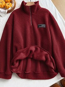Women's Plus Size Stand Collar Zip-Up Solid Color Autumn/Winter Fashion Fleece Sweatshirt - Burgundy - View 8
