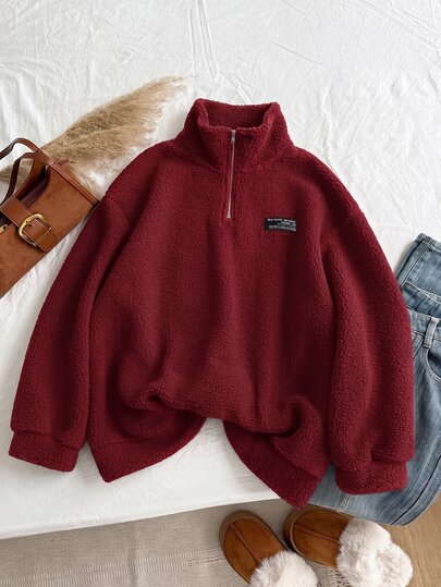 Comfortcana Women's Plus Size Stand Collar Zip-Up Solid Color Autumn/Winter Fashion Fleece Sweatshirt