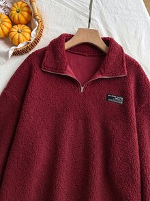 Women's Plus Size Stand Collar Zip-Up Solid Color Autumn/Winter Fashion Fleece Sweatshirt - Burgundy - View 5